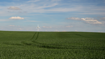 Tramline to a wind turbine in a wheat field.jpg